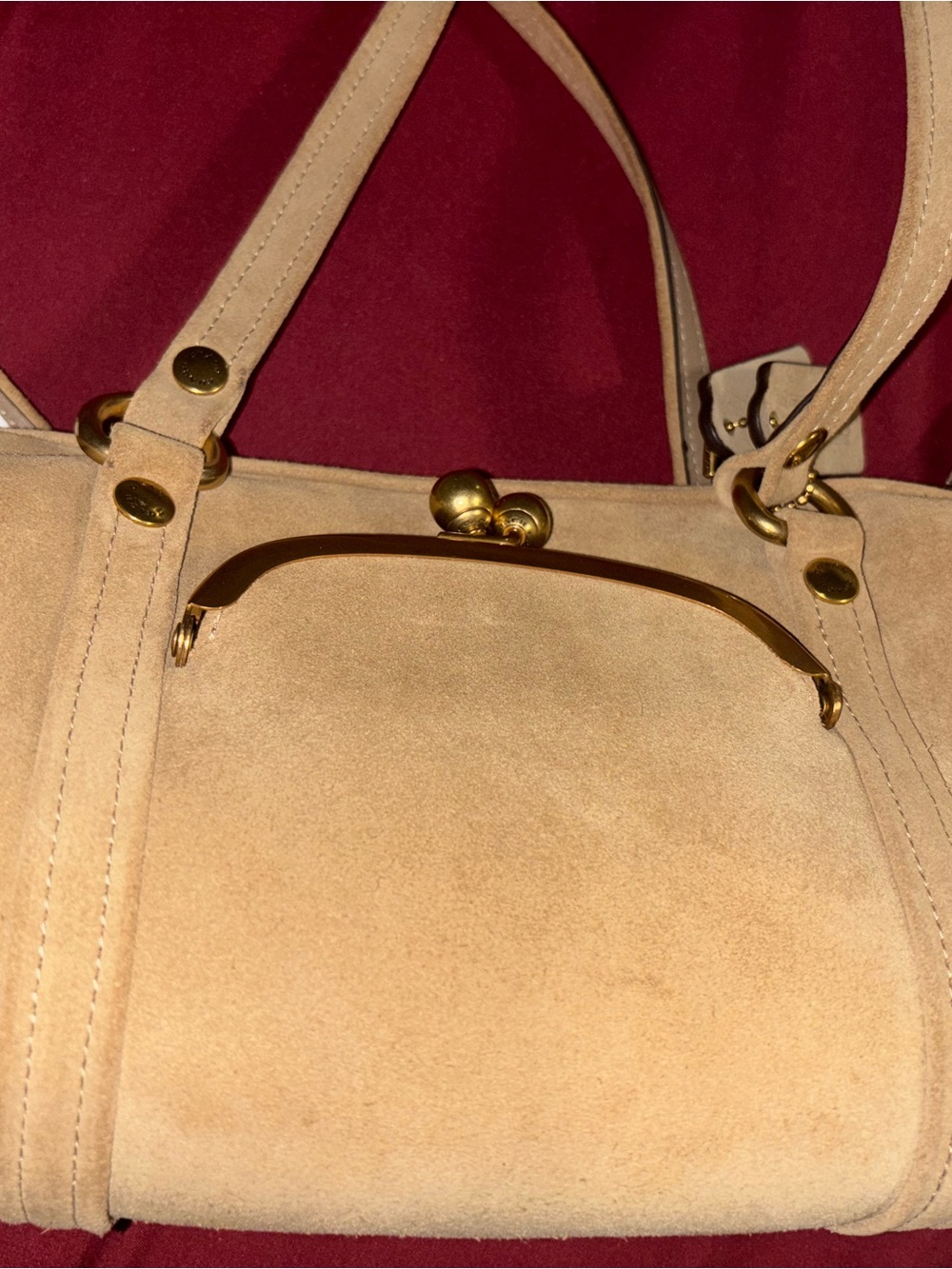 Coach Suede Kisslock Barrel Shoulder Bag with Gold Hardware